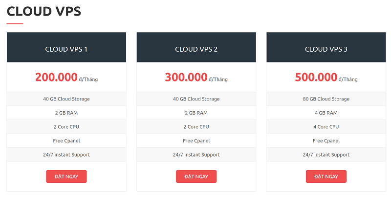 Bàng giá dịch vụ Cloud VPS của Đại Hữu